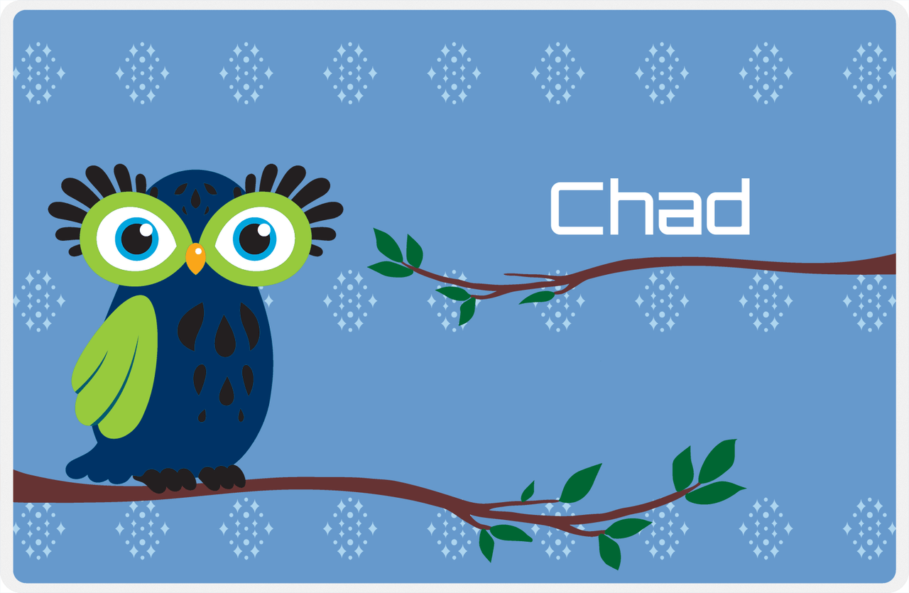Personalized Owl Placemat - On Branch - Owl 10 - Blue Background with Navy & Lime Owl -  View