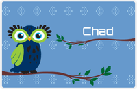 Thumbnail for Personalized Owl Placemat - On Branch - Owl 10 - Blue Background with Navy & Lime Owl -  View