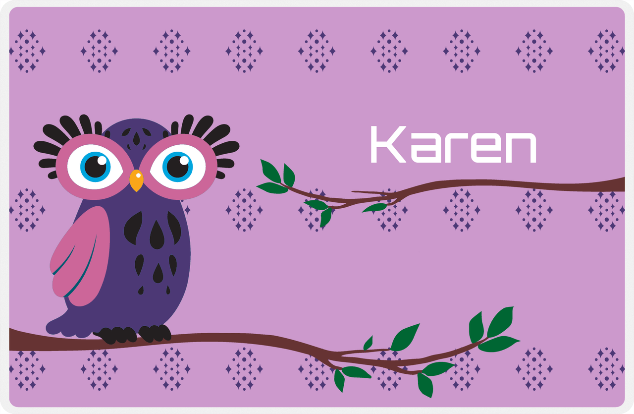 Personalized Owl Placemat - On Branch - Owl 10 - Lilac Background with Indigo & Orchid Owl -  View