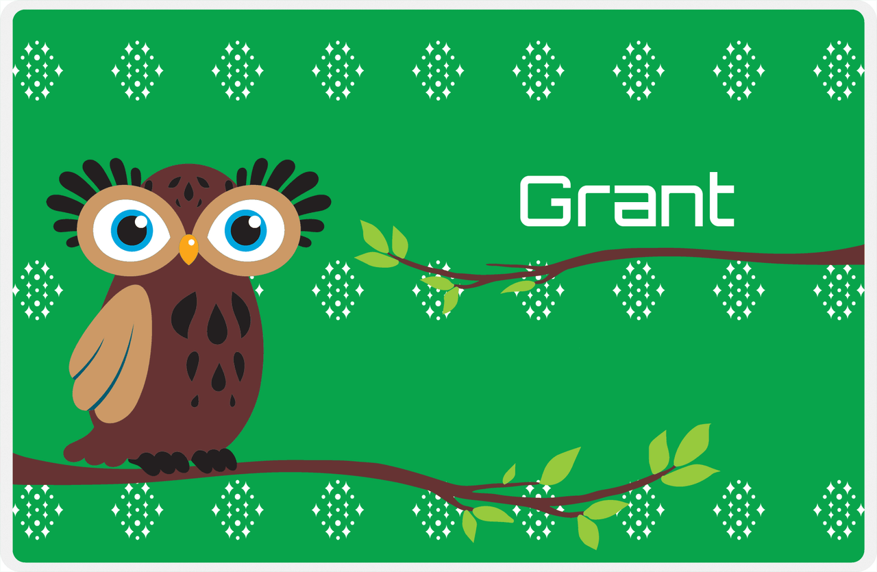 Personalized Owl Placemat - On Branch - Owl 10 - Green Background with Brown Owl -  View
