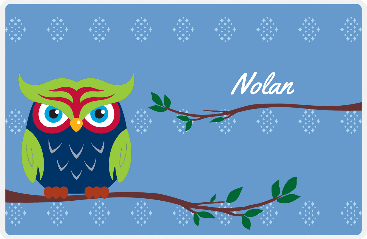 Personalized Owl Placemat - On Branch - Owl 02 - Blue Background with Navy & Lime Owl -  View