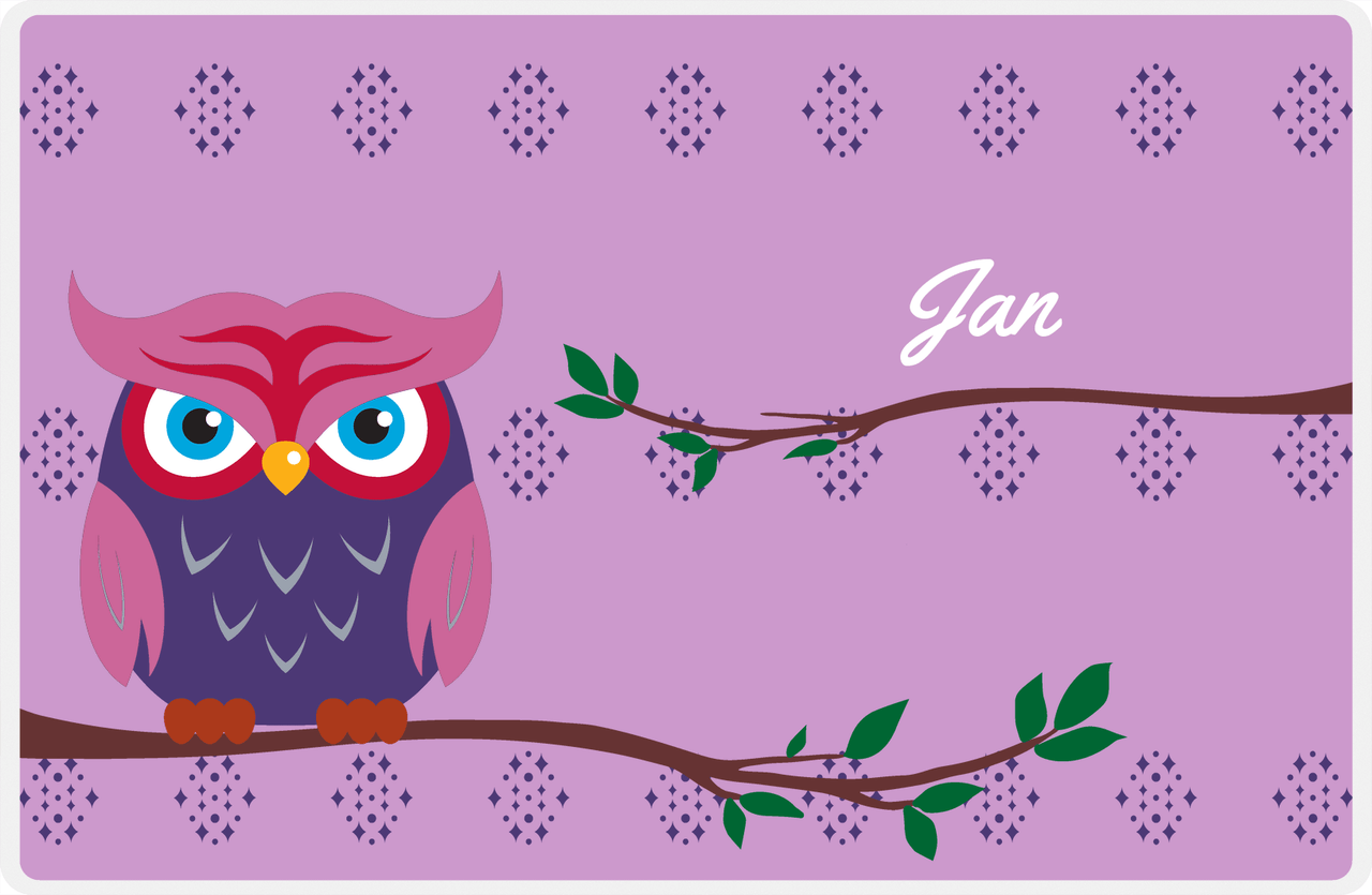 Personalized Owl Placemat - On Branch - Owl 02 - Lilac Background with Indigo & Orchid Owl -  View