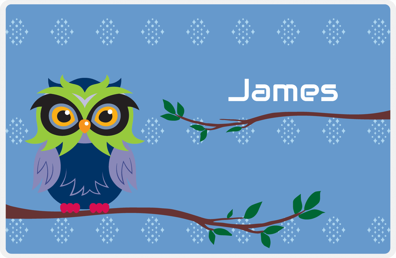 Personalized Owl Placemat - On Branch - Owl 05 - Blue Background with Navy & Lime Owl -  View