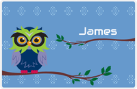 Thumbnail for Personalized Owl Placemat - On Branch - Owl 05 - Blue Background with Navy & Lime Owl -  View