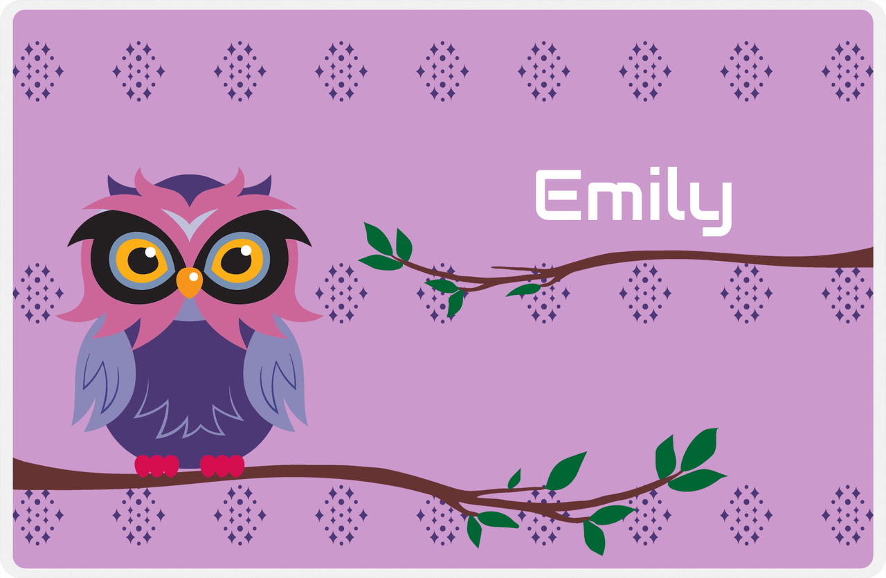 Personalized Owl Placemat - On Branch - Owl 05 - Lilac Background with Indigo & Orchid Owl -  View