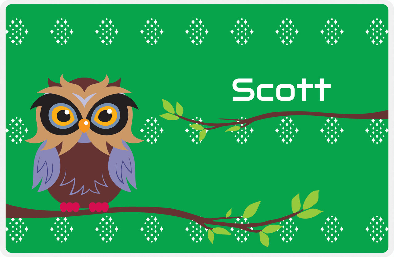 Personalized Owl Placemat - On Branch - Owl 05 - Green Background with Brown Owl -  View