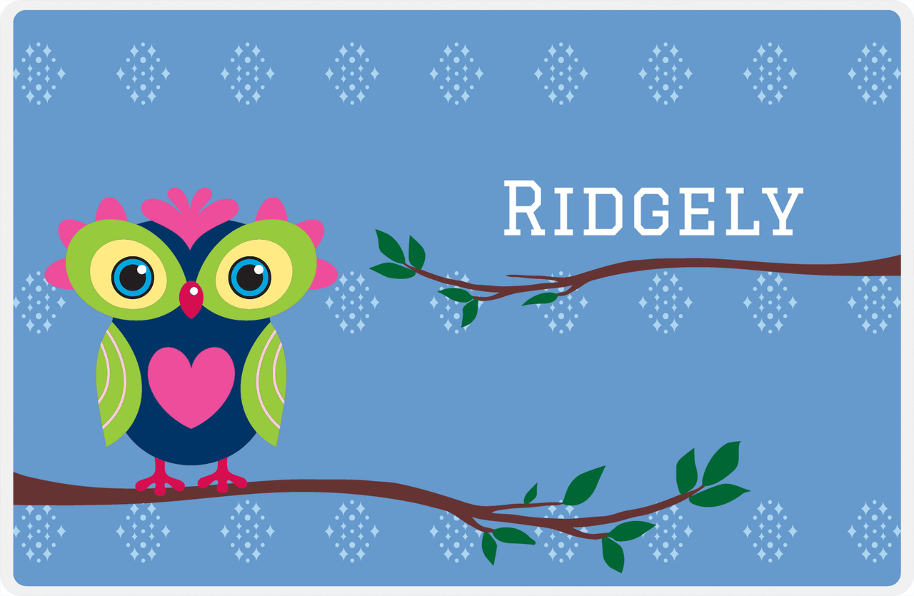 Personalized Owl Placemat - On Branch - Owl 07 - Blue Background with Navy & Lime Owl -  View