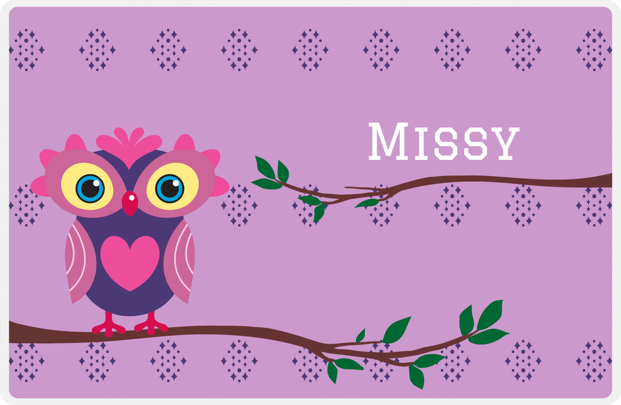 Personalized Owl Placemat - On Branch - Owl 07 - Lilac Background with Indigo & Orchid Owl -  View