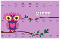 Thumbnail for Personalized Owl Placemat - On Branch - Owl 07 - Lilac Background with Indigo & Orchid Owl -  View