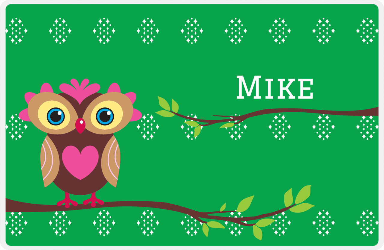 Personalized Owl Placemat - On Branch - Owl 07 - Green Background with Brown Owl -  View