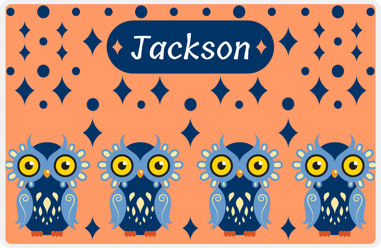 Personalized Owl Placemat - Diamonds - Owl 01 - Orange Background with Blue Owl -  View