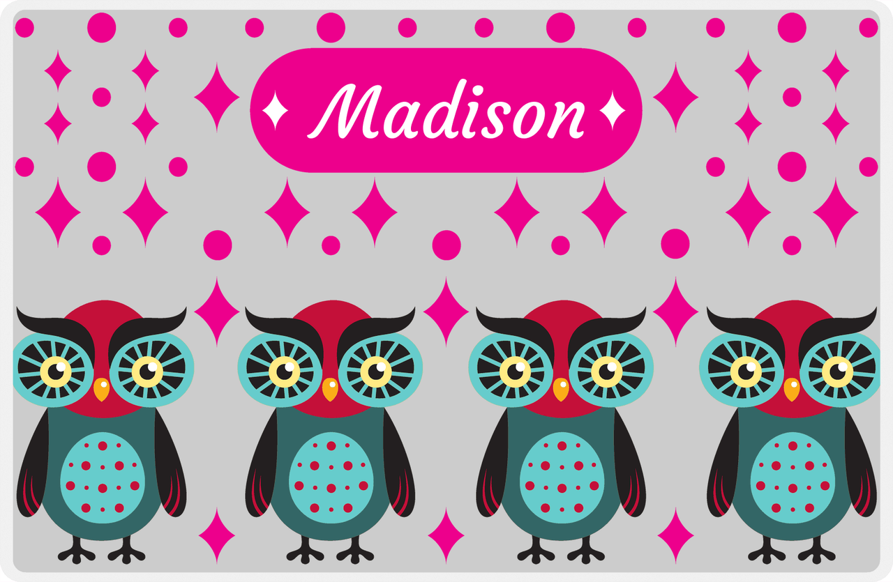 Personalized Owl Placemat - Diamonds - Owl 11 - Pink Background with Teal Owl -  View