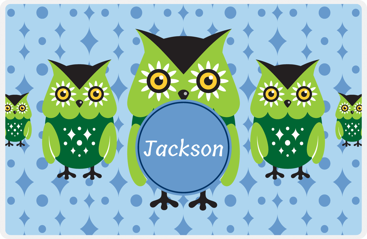 Personalized Owl Placemat - Five Owls - Owl 08 - Blue Background with Blue Nameplate -  View