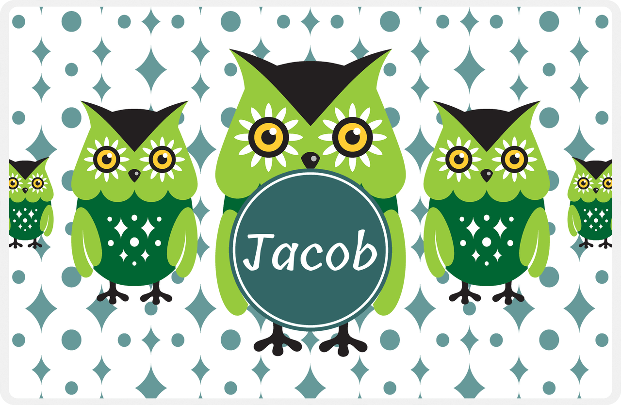 Personalized Owl Placemat - Five Owls - Owl 08 - White Background with Teal Nameplate -  View