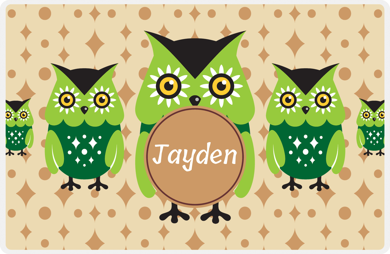 Personalized Owl Placemat - Five Owls - Owl 08 - Champagne Background with Brown Nameplate -  View