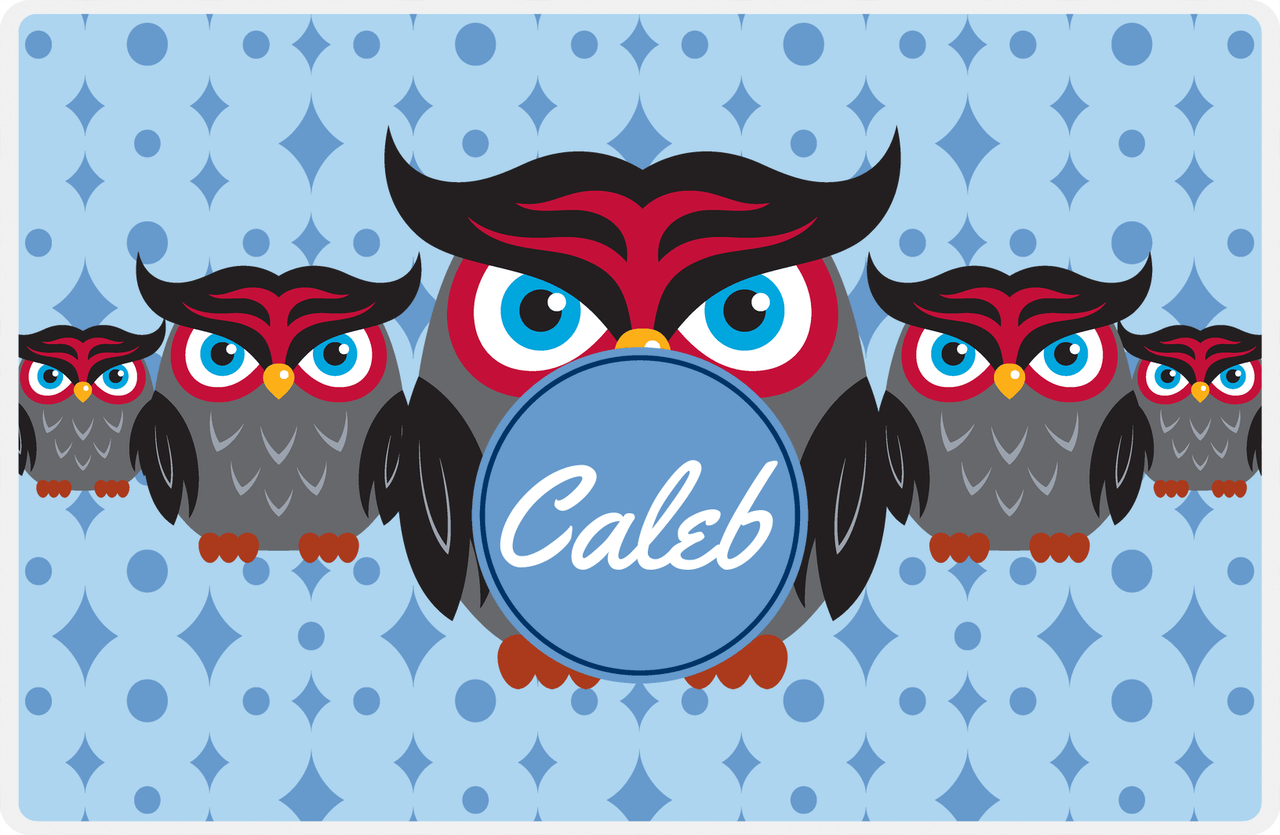 Personalized Owl Placemat - Five Owls - Owl 02 - Blue Background with Blue Nameplate -  View
