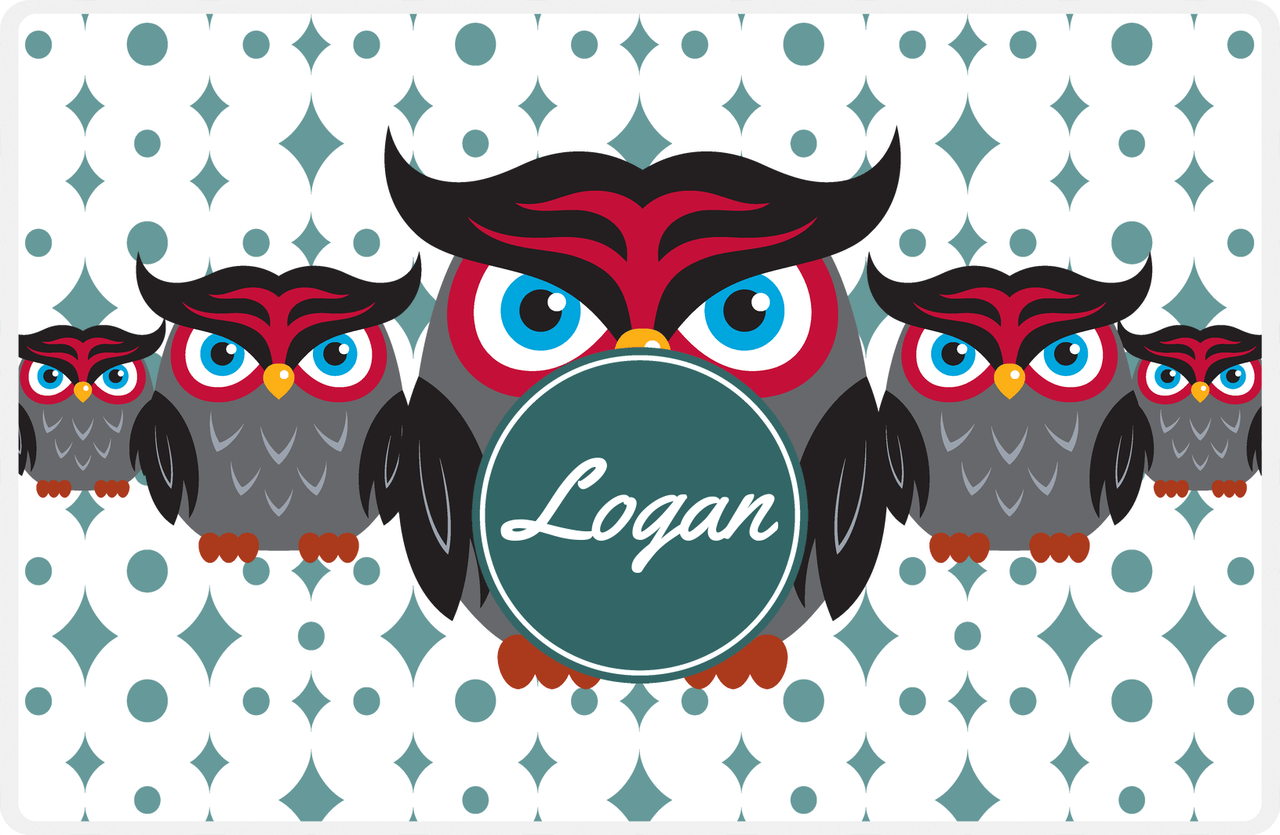 Personalized Owl Placemat - Five Owls - Owl 02 - White Background with Teal Nameplate -  View