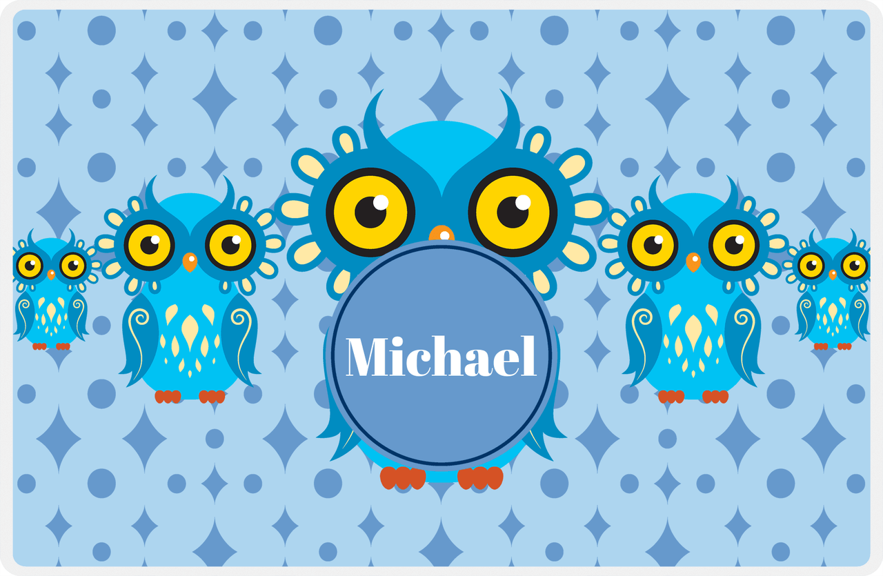 Personalized Owl Placemat - Five Owls - Owl 01 - Blue Background with Blue Nameplate -  View