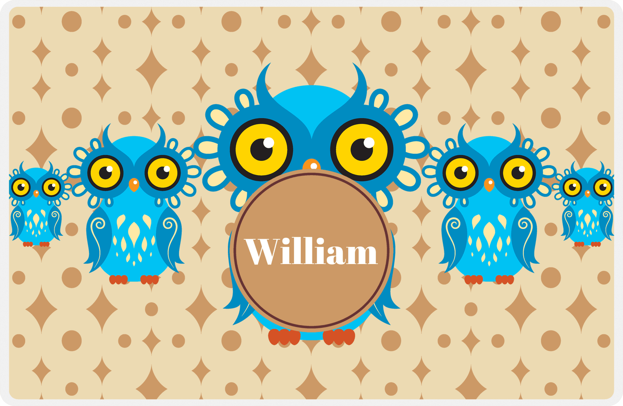 Personalized Owl Placemat - Five Owls - Owl 01 - Champagne Background with Brown Nameplate -  View