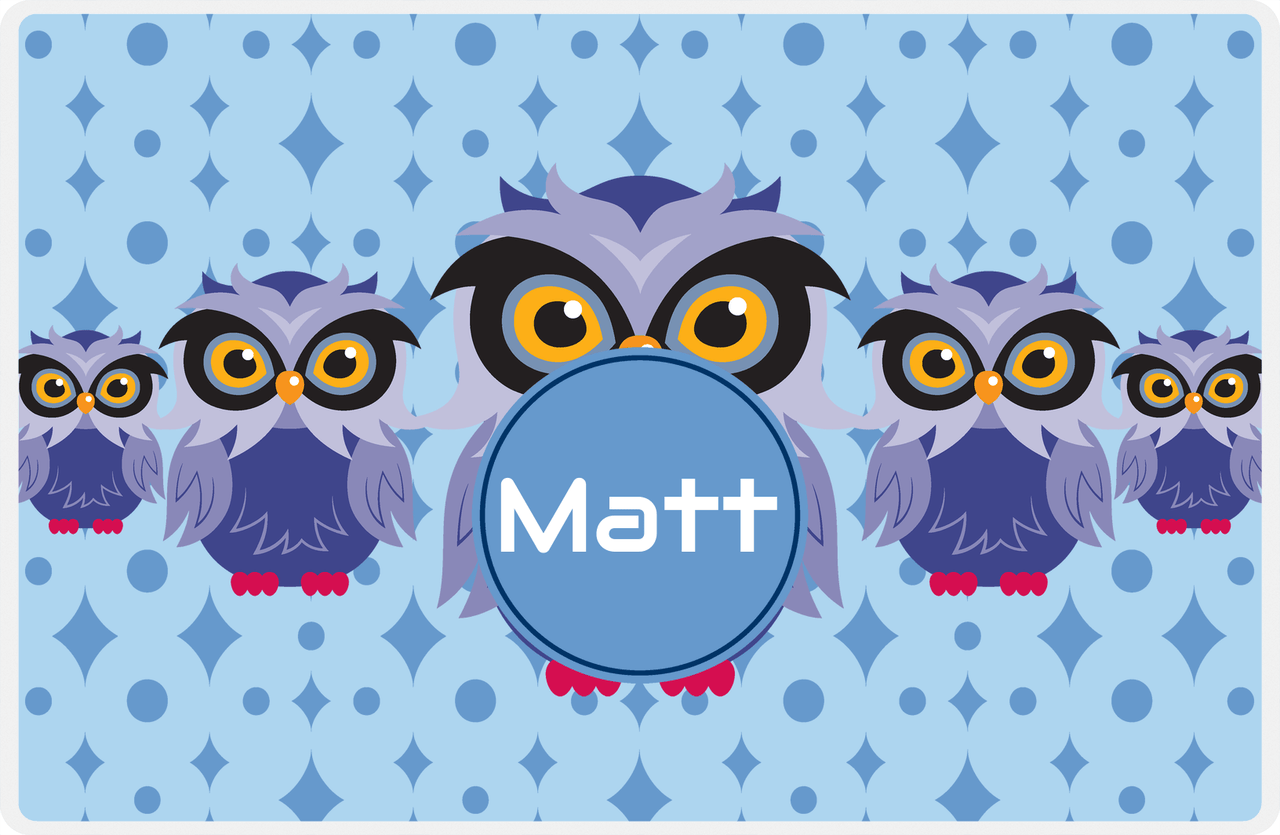 Personalized Owl Placemat - Five Owls - Owl 05 - Blue Background with Blue Nameplate -  View