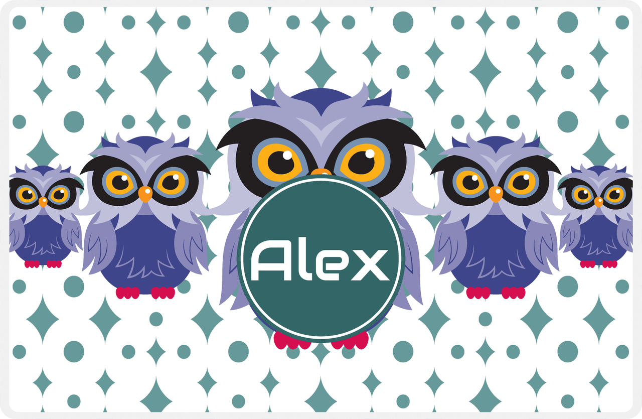 Personalized Owl Placemat - Five Owls - Owl 05 - White Background with Teal Nameplate -  View