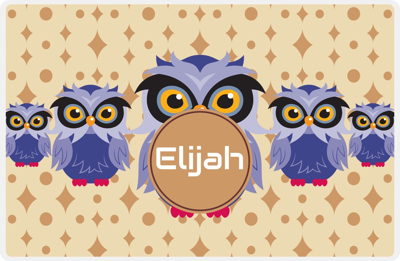 Personalized Owl Placemat - Five Owls - Owl 05 - Champagne Background with Brown Nameplate -  View