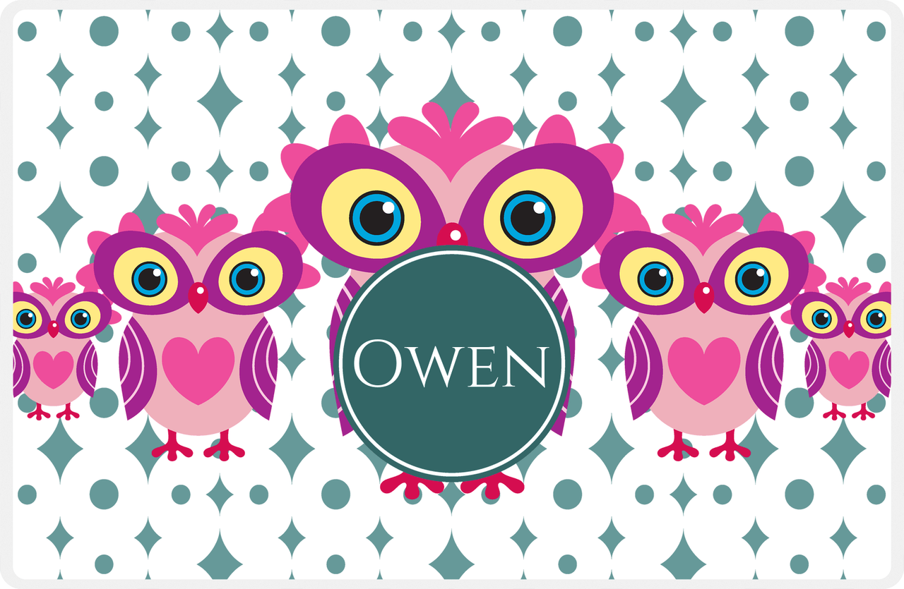 Personalized Owl Placemat - Five Owls - Owl 07 - White Background with Teal Nameplate -  View
