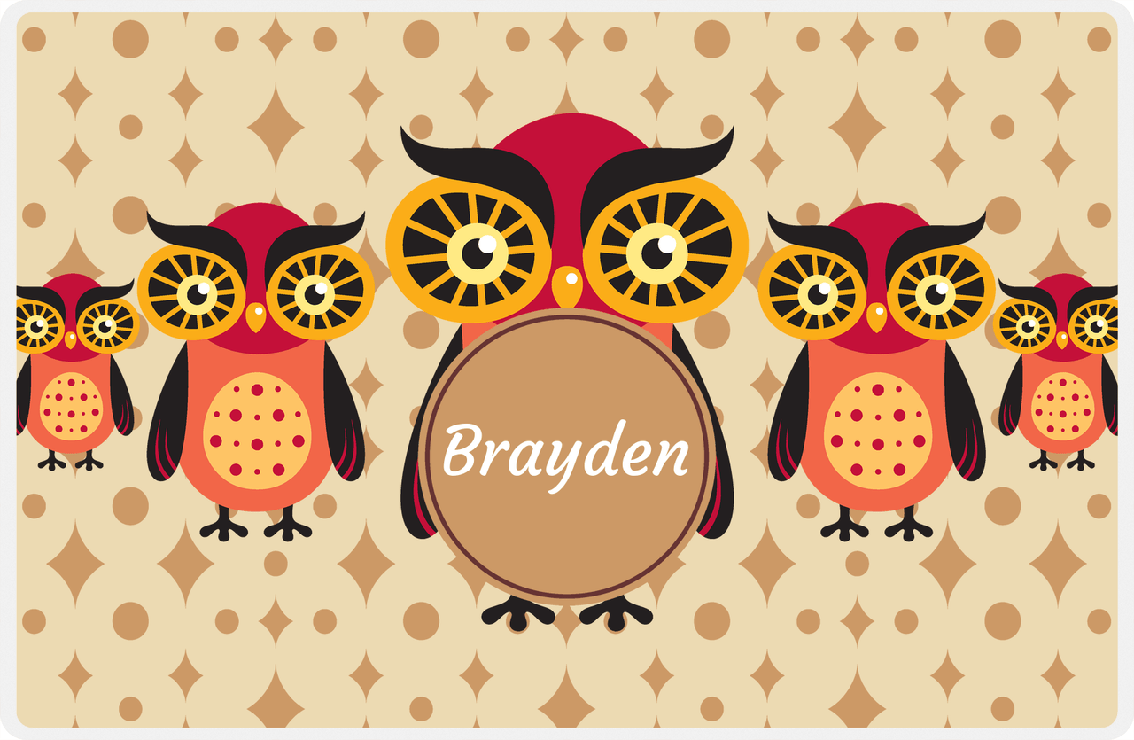 Personalized Owl Placemat - Five Owls - Owl 11 - Champagne Background with Brown Nameplate -  View
