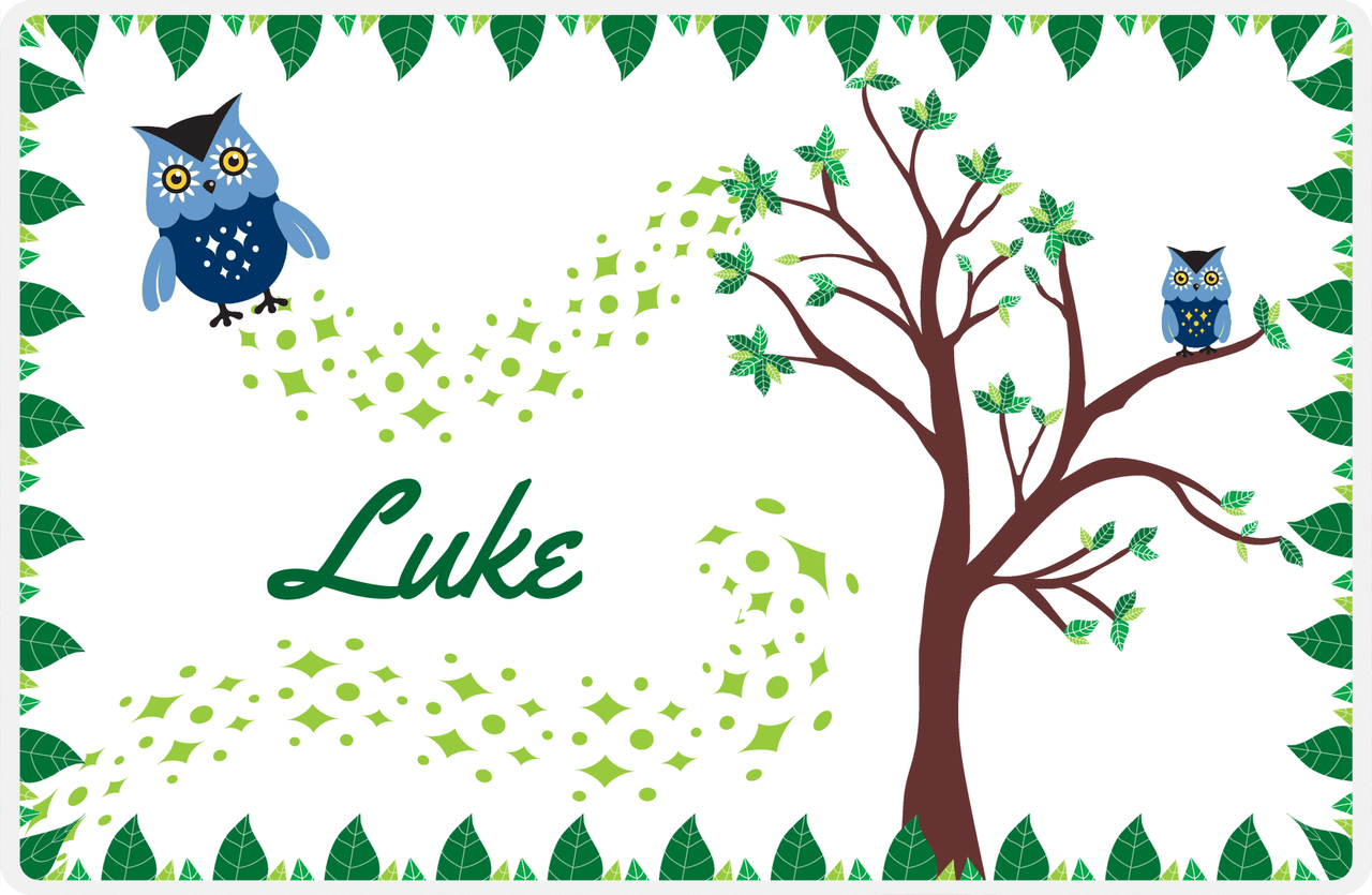 Personalized Owl Placemat - Above the Trees - Owl 08 - White Background with Blue Owl -  View