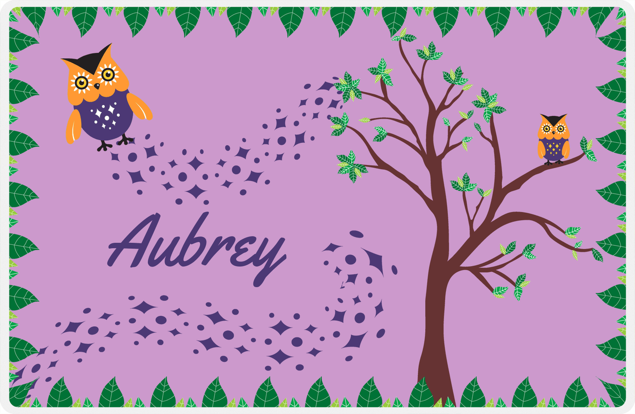 Personalized Owl Placemat - Above the Trees - Owl 08 - Purple Background with Orange Owl -  View