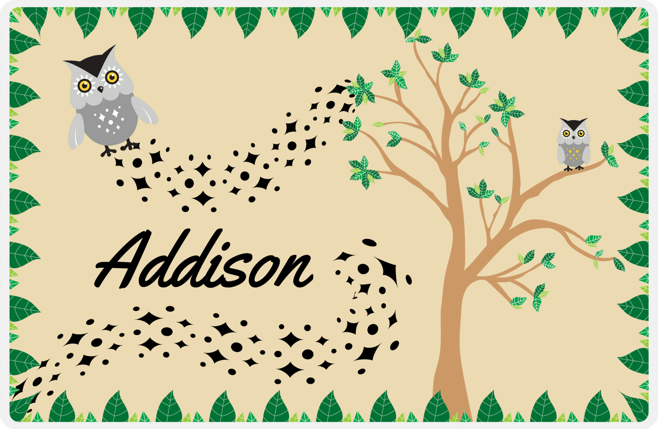 Personalized Owl Placemat - Above the Trees - Owl 08 - Brown Background with Grey Owl -  View