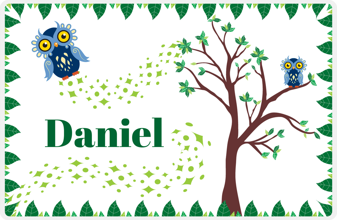 Personalized Owl Placemat - Above the Trees - Owl 01 - White Background with Blue Owl -  View