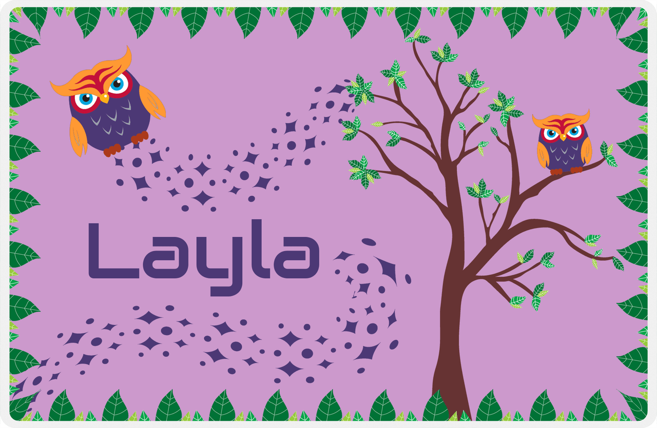 Personalized Owl Placemat - Above the Trees - Owl 02 - Purple Background with Orange Owl -  View