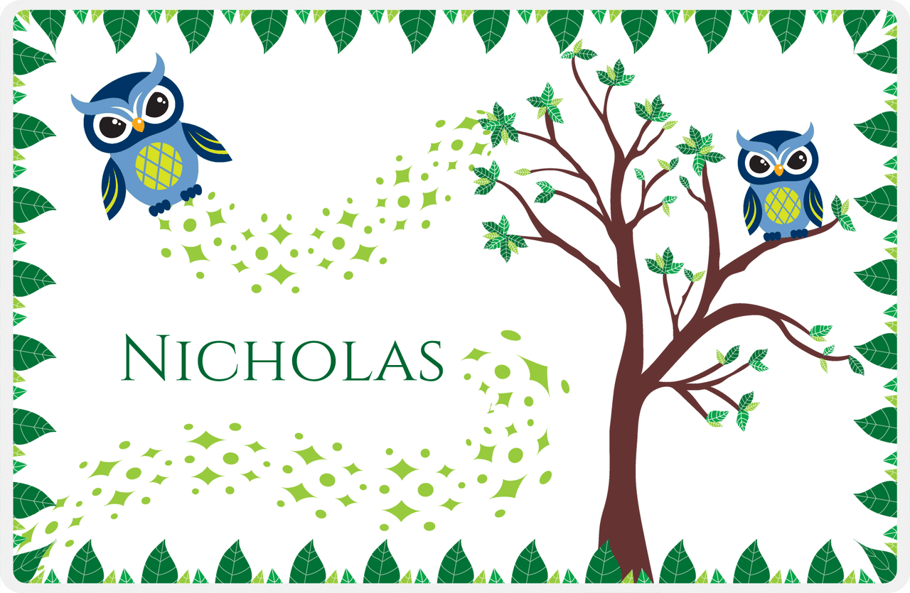 Personalized Owl Placemat - Above the Trees - Owl 03 - White Background with Blue Owl -  View