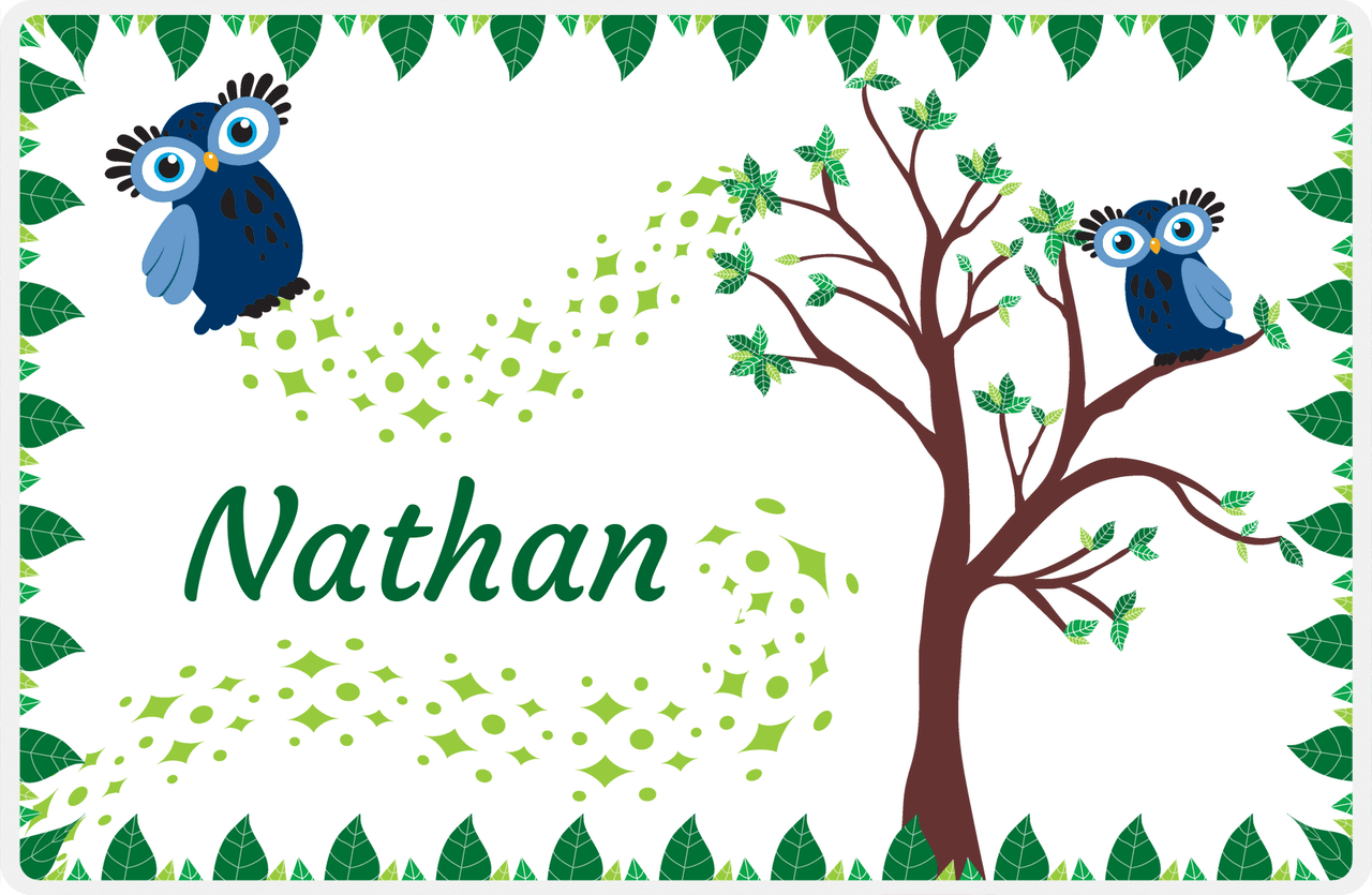 Personalized Owl Placemat - Above the Trees - Owl 10 - White Background with Blue Owl -  View