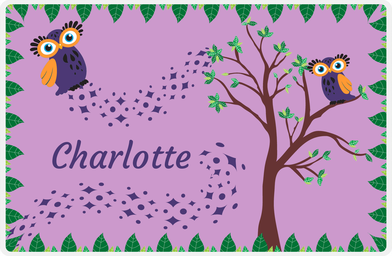 Personalized Owl Placemat - Above the Trees - Owl 10 - Purple Background with Orange Owl -  View