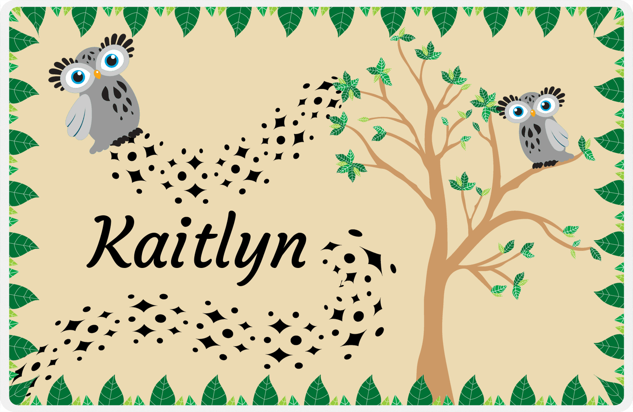 Personalized Owl Placemat - Above the Trees - Owl 10 - Brown Background with Grey Owl -  View