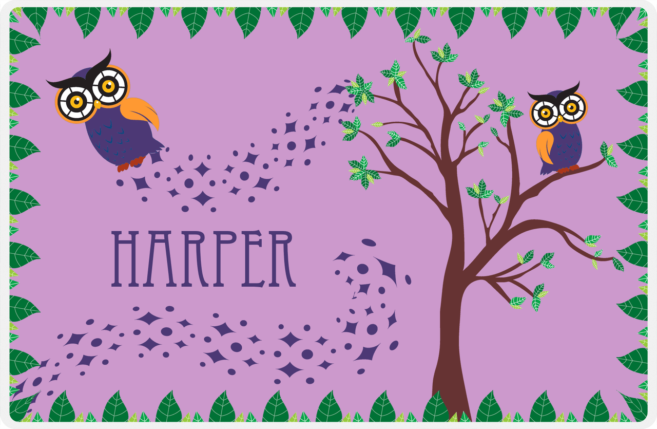 Personalized Owl Placemat - Above the Trees - Owl 12 - Purple Background with Orange Owl -  View