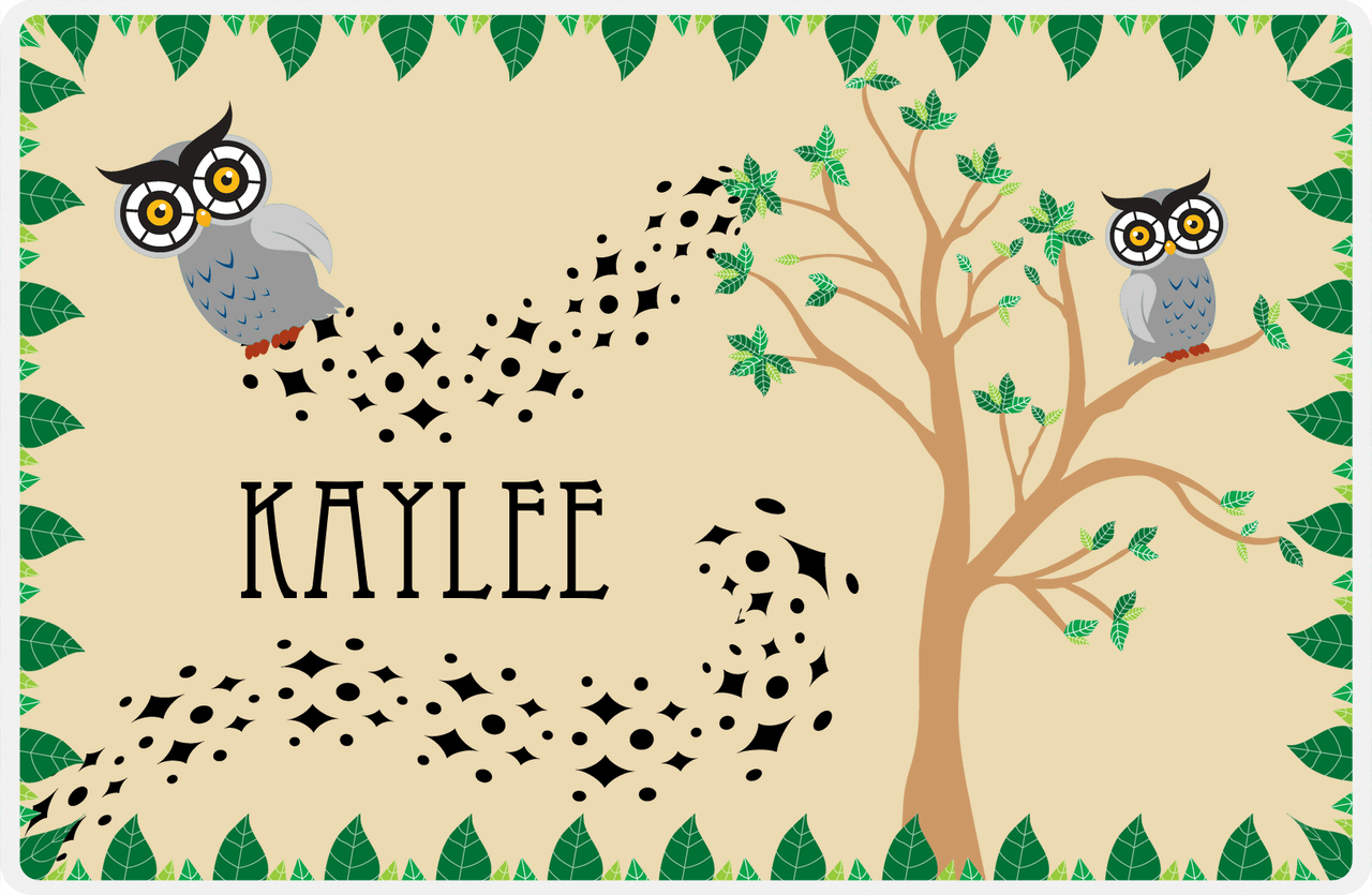 Personalized Owl Placemat - Above the Trees - Owl 12 - Brown Background with Grey Owl -  View