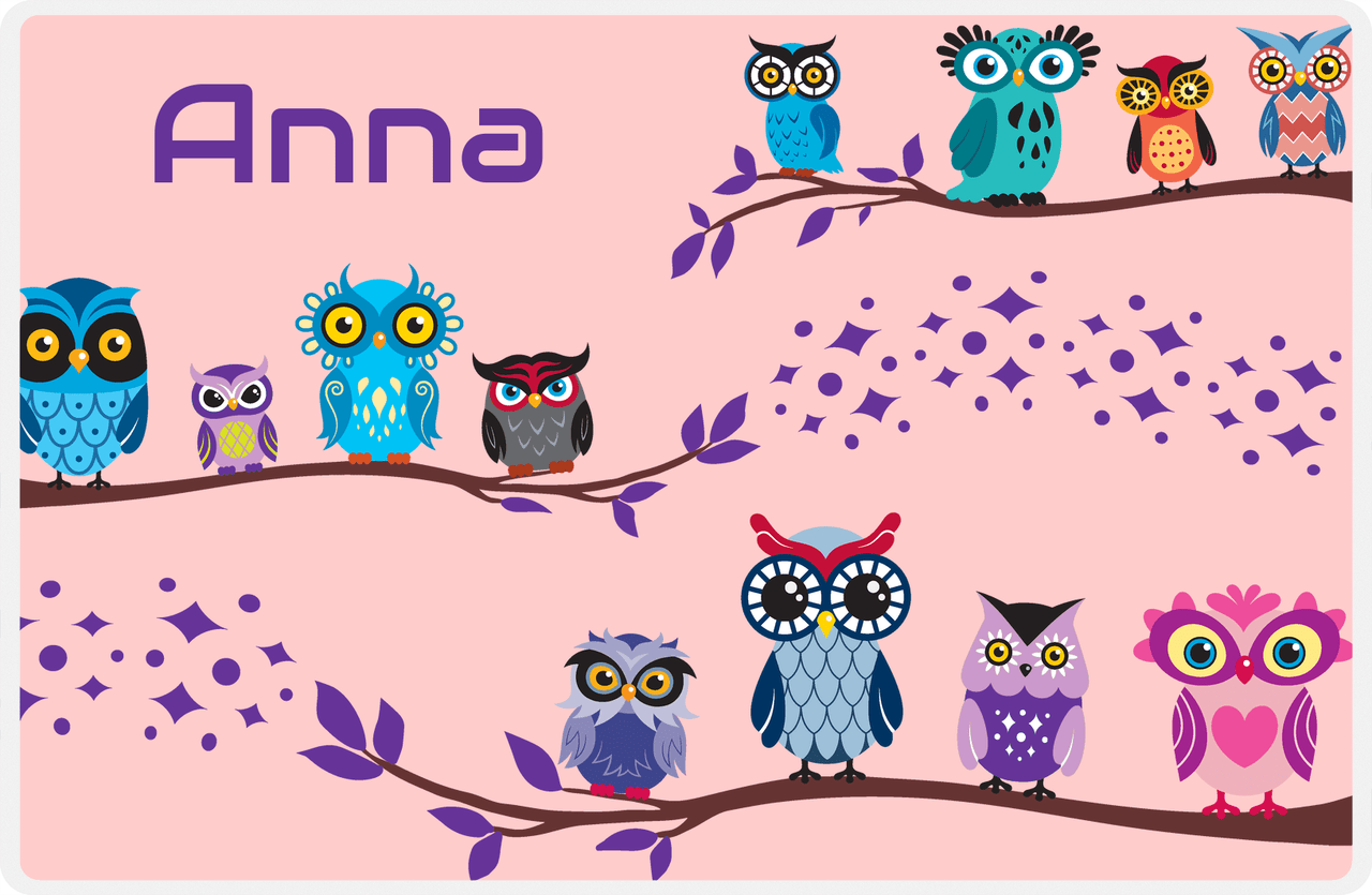 Personalized Owl Placemat - All Owls I - Owl 03 - Pink Background with Purple Owl -  View