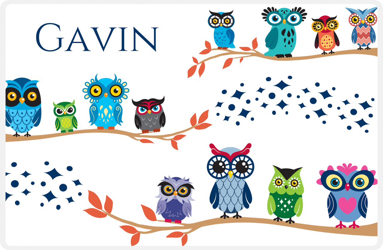 Personalized Owl Placemat - All Owls I - Owl 07 - White Background with Blue Owl -  View