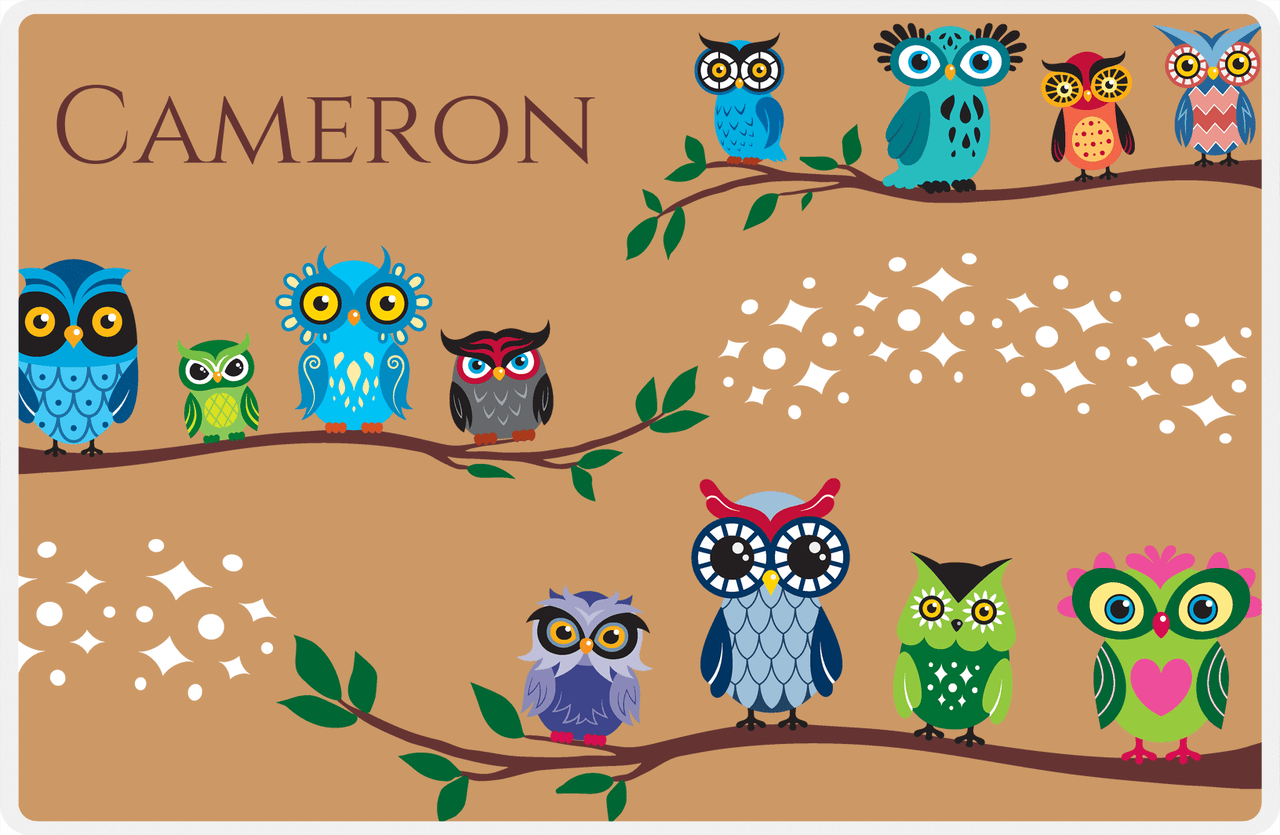 Personalized Owl Placemat - All Owls I - Owl 07 - Brown Background with Green Owl -  View