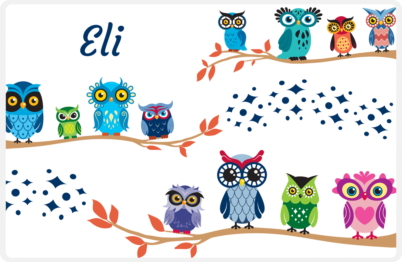 Personalized Owl Placemat - All Owls I - Owl 02 - White Background with Blue Owl -  View