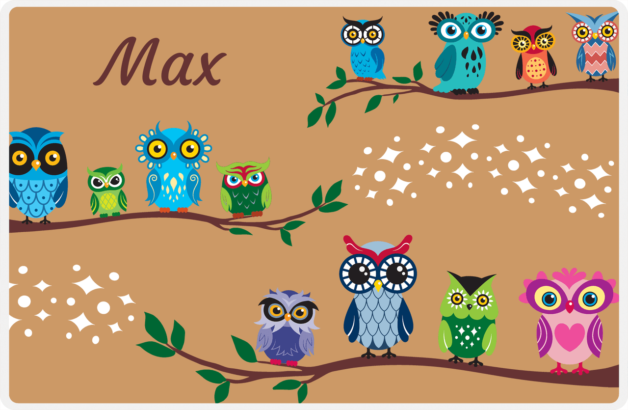 Personalized Owl Placemat - All Owls I - Owl 02 - Brown Background with Green Owl -  View