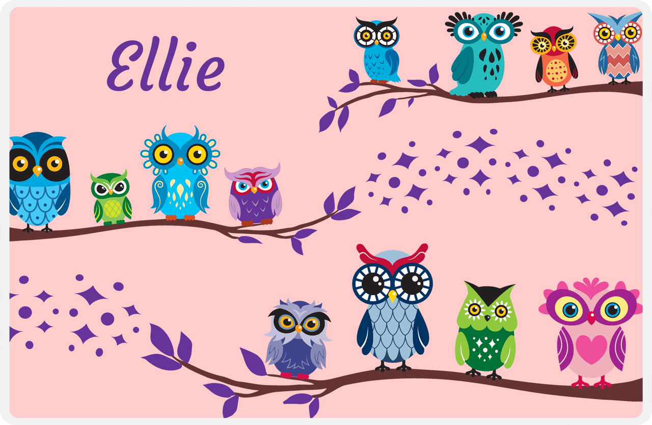 Personalized Owl Placemat - All Owls I - Owl 02 - Pink Background with Purple Owl -  View