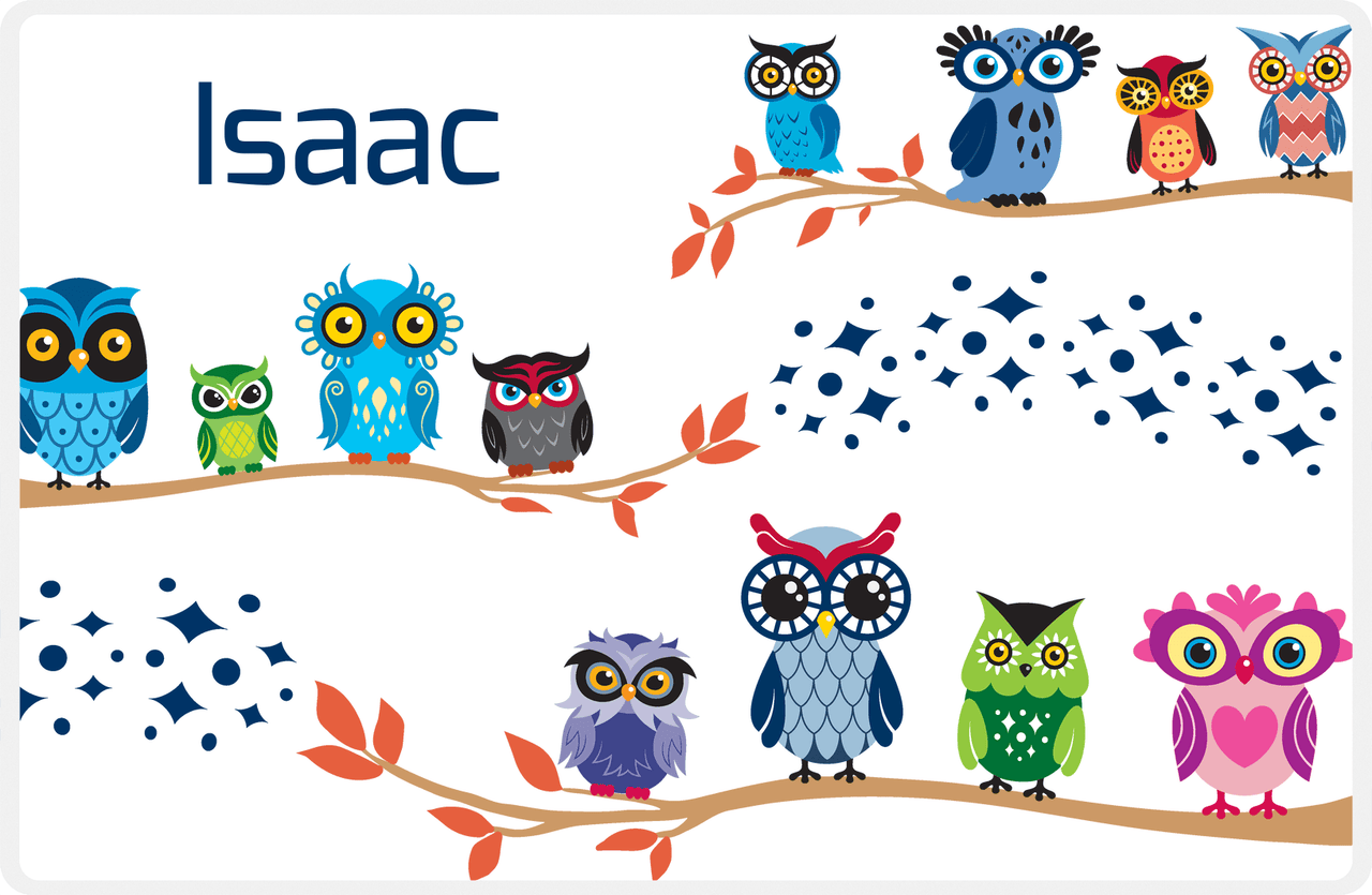 Personalized Owl Placemat - All Owls I - Owl 10 - White Background with Blue Owl -  View