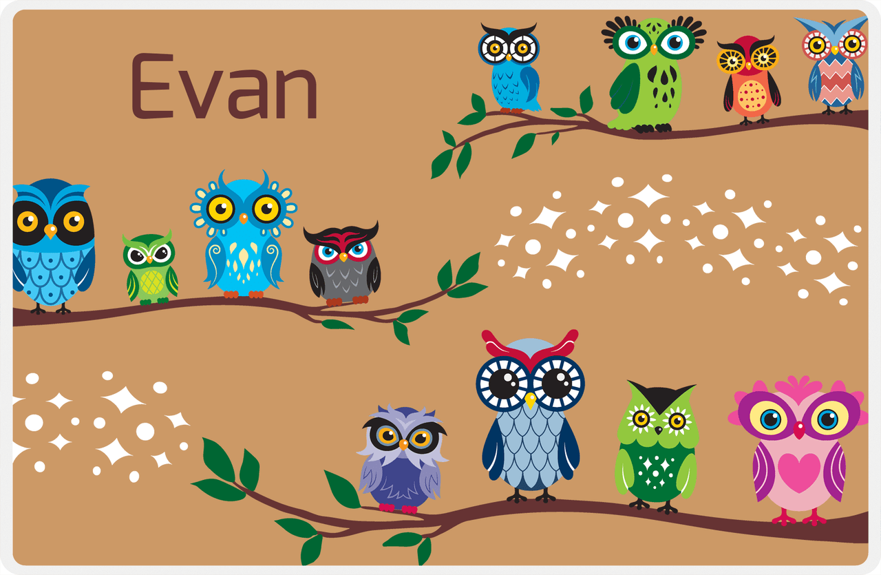 Personalized Owl Placemat - All Owls I - Owl 10 - Brown Background with Green Owl -  View