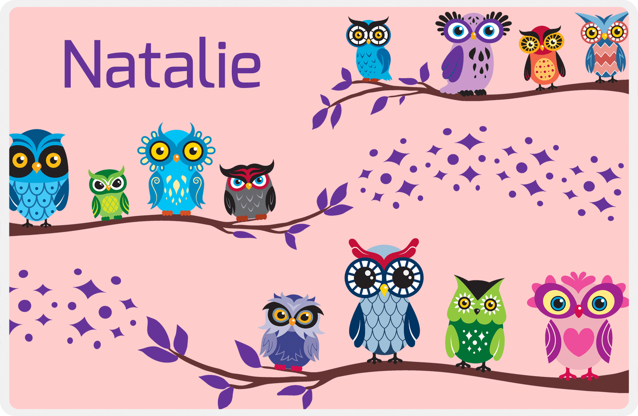 Personalized Owl Placemat - All Owls I - Owl 10 - Pink Background with Purple Owl -  View