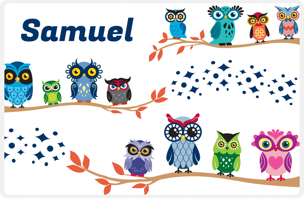 Personalized Owl Placemat - All Owls I - Owl 01 - White Background with Blue Owl -  View