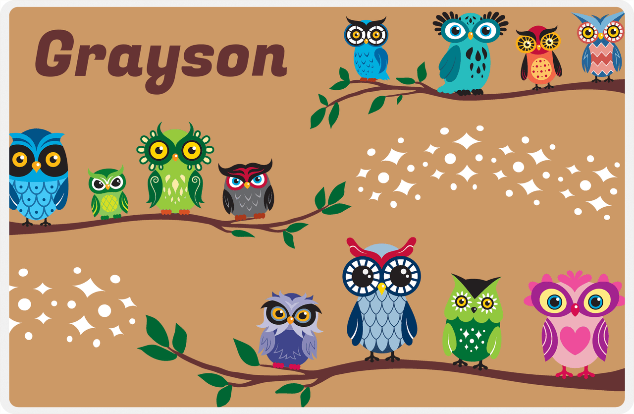 Personalized Owl Placemat - All Owls I - Owl 01 - Brown Background with Green Owl -  View
